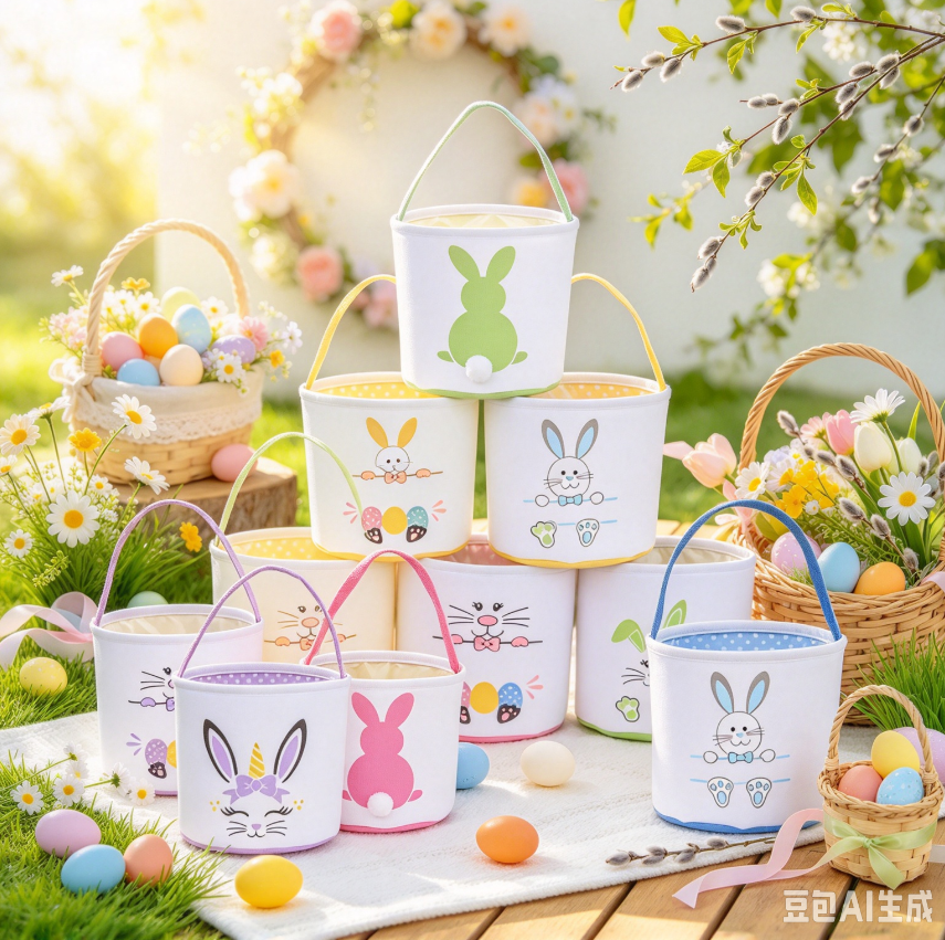 Fabric Easter basket styles with spring colors and bunny details